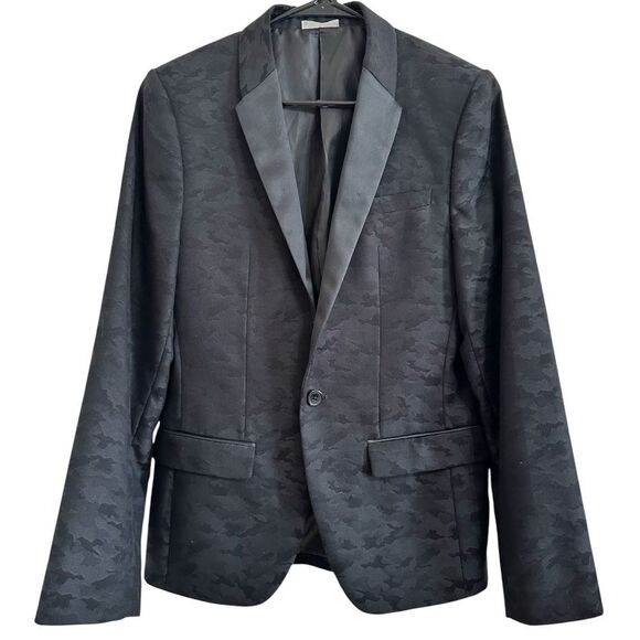 MEN'S ORIGINAL USE‎ BLACK CAMO TUXEDO JACKET BLAZER WITH SATIN COLLAR SMALL - Picture 1 of 11